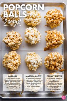 the ingredients for popcorn balls on a baking sheet are labeled in three different languages, including 3 ways to make them