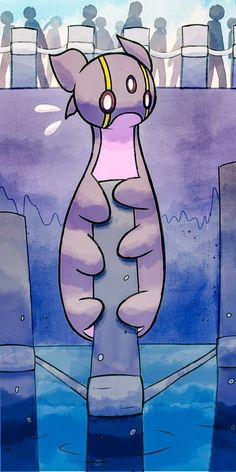 a drawing of a purple and white cat standing in front of a group of people