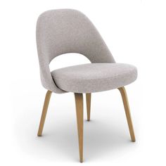 an upholstered chair with wooden legs and a light gray fabric seat cover, viewed from the front