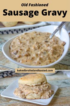 an old fashioned sausage gravy is served in a bowl with biscuits on the side