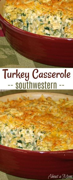 two pictures of turkey casserole with cheese and spinach in a red dish