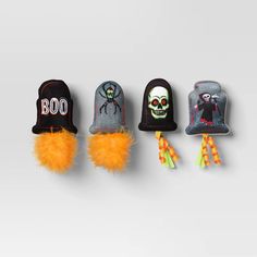 five halloween hats are lined up in a row