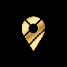 a gold pin logo on a black background