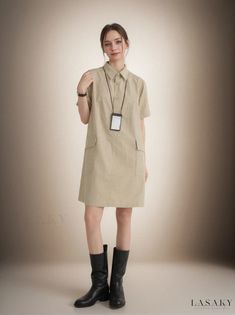 Lasaky - Elegant Short Sleeve Dress Casual Short Sleeve Summer Dress For Work, Casual Short Sleeve Knee-length Dress For Work, Casual Knee-length Short Sleeve Dress For Work, Chic Khaki Dress For Daywear, Office Lady Style Mini Dresses For Spring, Casual Collared Shift Dress, Casual Midi Length Short Sleeve Dress For Work, Casual Short Sleeve Midi Dress For Work, Summer Office Lady Mini Dress