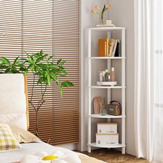 a bedroom with a bed, plant and bookshelf