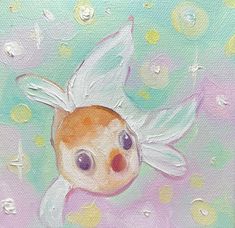 an acrylic painting of a goldfish with white wings on a pink background