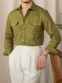 Men's Casual Breathable Linen Shirt Features：   	Product ID:LS0294  	Material:Linen  	Season:Spring,Summer,Autumn,Winter  	Color:White,Green,Blue  Size Chat： Linen Shirt Designs Men, Casual Outfits Green Pants, Green Shirt Men Outfit, Casual Outfits Green, Shirt Men Outfit, Safari Menswear, Acute Style, Men Formal Outfit, Men's Summer Outfits