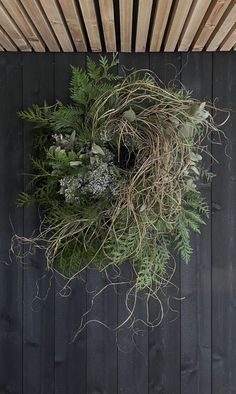 an overhead view of a plant hanging on a wooden wall with wood slats in the background