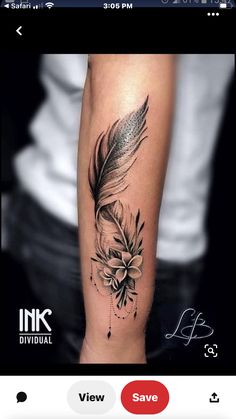 a black and white photo of a feather with flowers on it's arm, done by