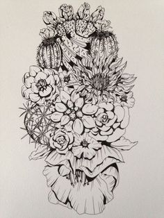 a black and white drawing of flowers in a vase with cactuses on the side