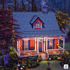 a painting of a house with pumpkins on the porch