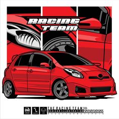 a red car with the words racing team on it's front and side view