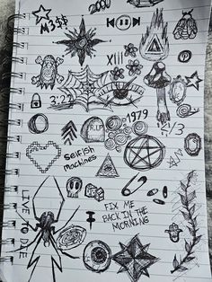 a notebook with lots of doodles on it and some writing in the middle that says,