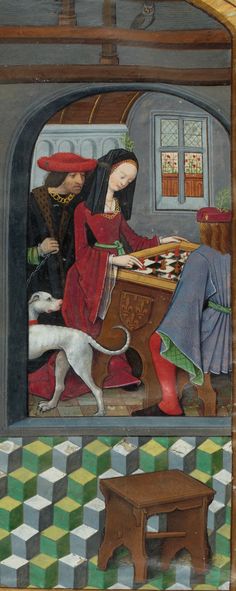 an image of a man playing chess with a woman and dog in front of him