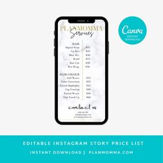 the editable instagram story price list is displayed in front of an iphone screen