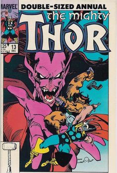 the mighty thor comic book cover with an evil demon attacking another man in front of him