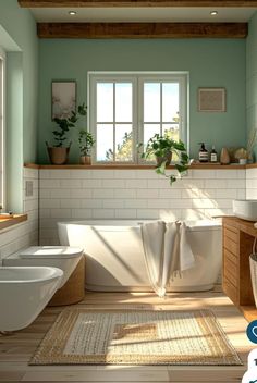 a bathroom with green walls and wooden floors, white bathtub in the center surrounded by two sinks