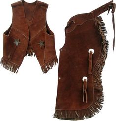 Child's Suede Leather Chap & Vest Set. Use a small adult leather vest or make my own. Kids Western Wear, Western Chaps, Cowboy Vest, Western Costume, Western Room, 1st Rodeo, Fringe Clothing, Western Vest, Cowboy Costume