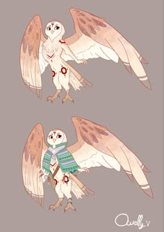 two drawings of an owl with wings spread out and one has a sweater on it's back