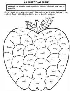 an apple coloring page with words and pictures on the bottom, in black and white