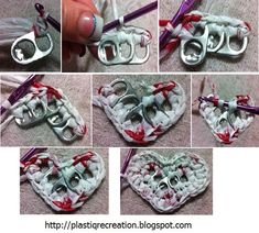 the instructions for crocheted hearts are shown in several different pictures, including scissors and yarn