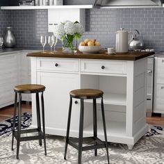 two stools are in front of the kitchen island