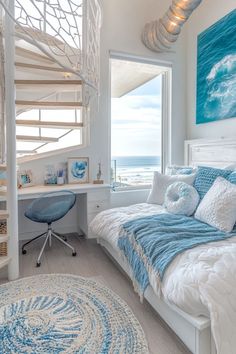 a bed sitting under a window next to a stair case