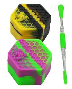 three different colored hexagonals and a toothbrush