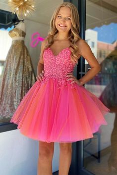 Grade 8 Grad Dresses Hot Pink, Prom Dress Hot Pink, Pink Lace Prom Dress, Banquet Outfit, Mitzvah Dresses, Sneaker Ball, Semi Dresses, Ball Ideas, Puffy Skirt