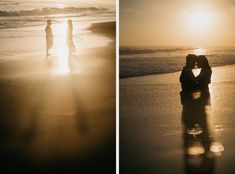 two people are kissing on the beach at sunset