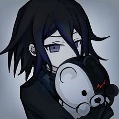 an anime character with black hair holding a teddy bear in his arms and looking at the camera