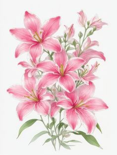 a drawing of pink lilies on a white background with green leaves and stems in the foreground