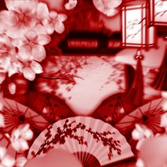 an artistic photo with flowers and umbrellas in the foreground is a red - toned image