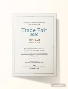 the trade fair flyer is displayed on a white background with green trimmings and a blue border