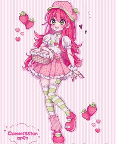 a girl with pink hair holding a basket