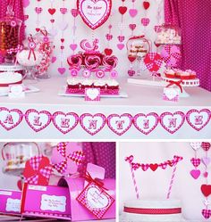 a table topped with lots of pink and white desserts next to a red curtain