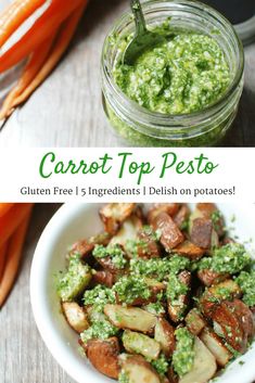 carrots, potatoes and pesto in a bowl with the words carrot top pest