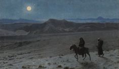 two people riding horses in the desert under a moon lit sky with mountains behind them