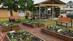 several wooden benches sitting next to each other in front of a garden area with flowers and plants