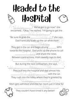 a printable worksheet with the words headed to the hospital