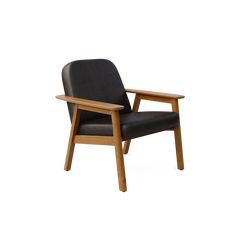 a black leather chair with wooden frame and arm rests against a white background, it appears to be empty