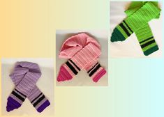 three knitted scarves with different colors and patterns, one in pink, the other in green