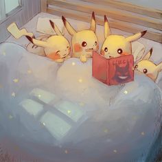 four pikachu are laying in bed reading a book