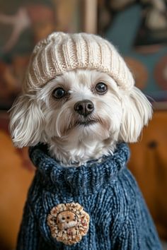 a small white dog wearing a blue sweater with a button on it's chest