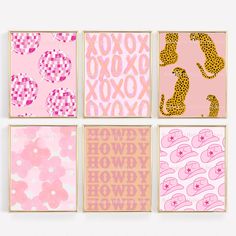 four pink and yellow wall art pieces with leopards, flowers, and cheetah