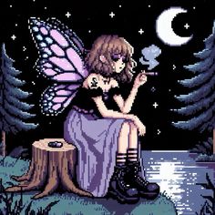 a fairy sitting on top of a tree stump in front of a moon filled sky