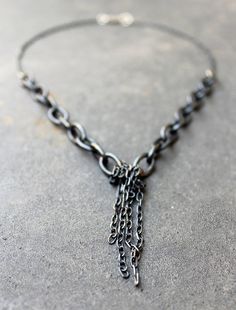 Black Silver Necklace,Finge Necklace, Sterling SilverNecklace, Oxidized Sterling Silver, Black Jewel Black Sterling Silver Necklace With Cable Chain, Sterling Silver Black Necklace With Cable Chain, Black Sterling Silver Chain Necklace With Adjustable Chain, Unique Hand Forged Black Necklace, Hand Forged Black Metal Necklace, Edgy Necklace, Fabric Cuff Bracelet, Oxidized Silver Necklace, Avant Garde Jewelry