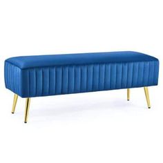 a blue bench with gold legs on a white background