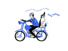 a man riding on the back of a blue bike next to a white dog wearing a hat