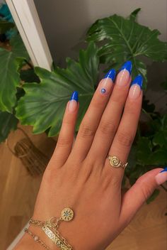 Nail Design With Evil Eye, Cute Nail Designs Evil Eye, Evil Eye Inspired Nails, Beachy Nails Acrylic, Blue Nails Evil Eye, Black And Royal Blue Nails, Evil Eye Nails Acrylic, Blue Evil Eye Nails, Evil Eye Manicure